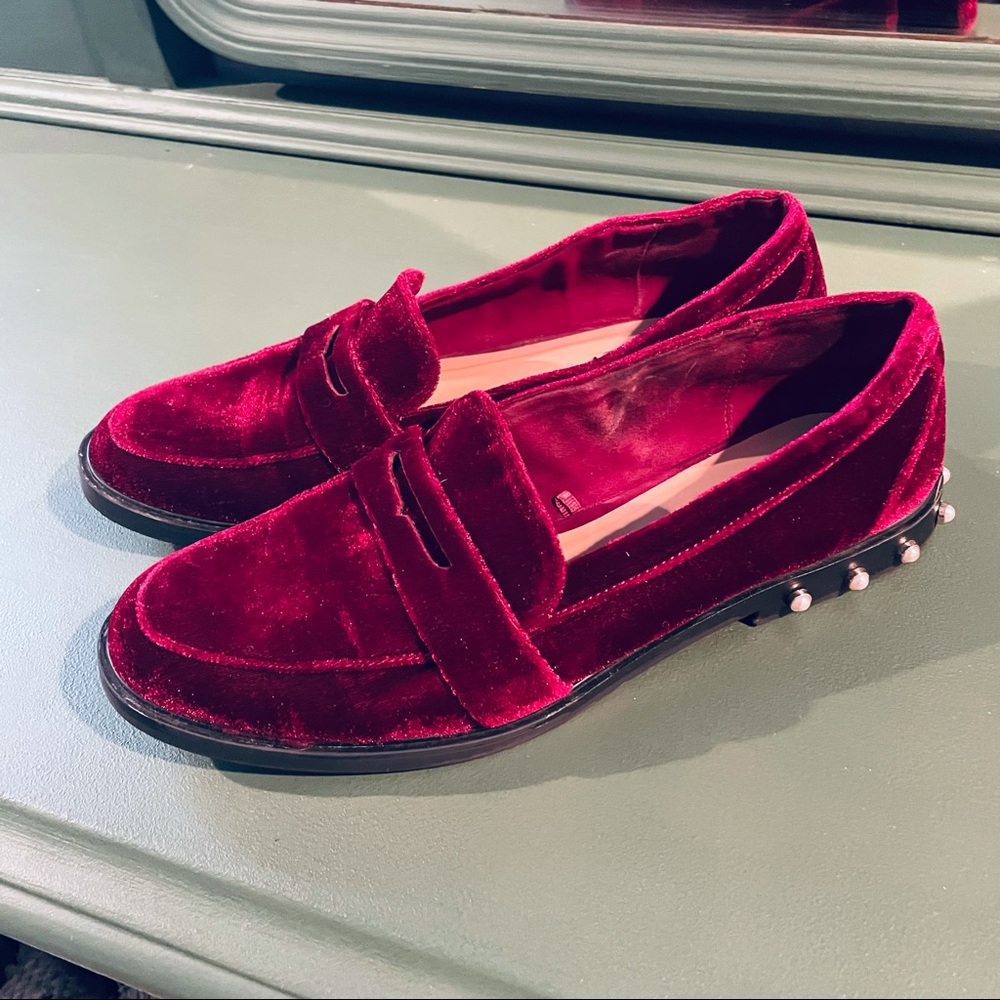 Women Stradivarius Quirky Stud Burgundy Velvet Loafers Flat Shoes Size 40